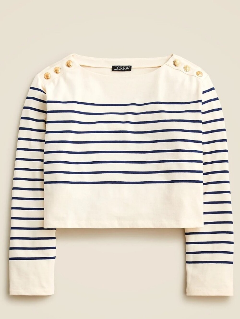 J. Crew Cropped Boatneck T-shirt with Gold Buttons in Mariner Cotton Sz XL NWT